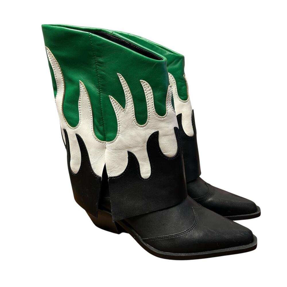 Gianni Bini Conley Flame Leather Western Foldover Boots Black Green Womens 5.5 - Picture 3 of 9